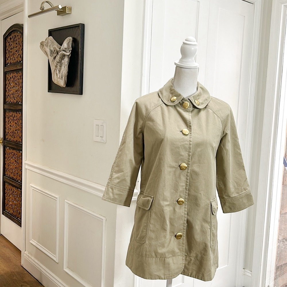 Juicy Couture Khaki Short Y2K Trench Jacket Gold Buttons 3/4‎ Sleeve Lined M